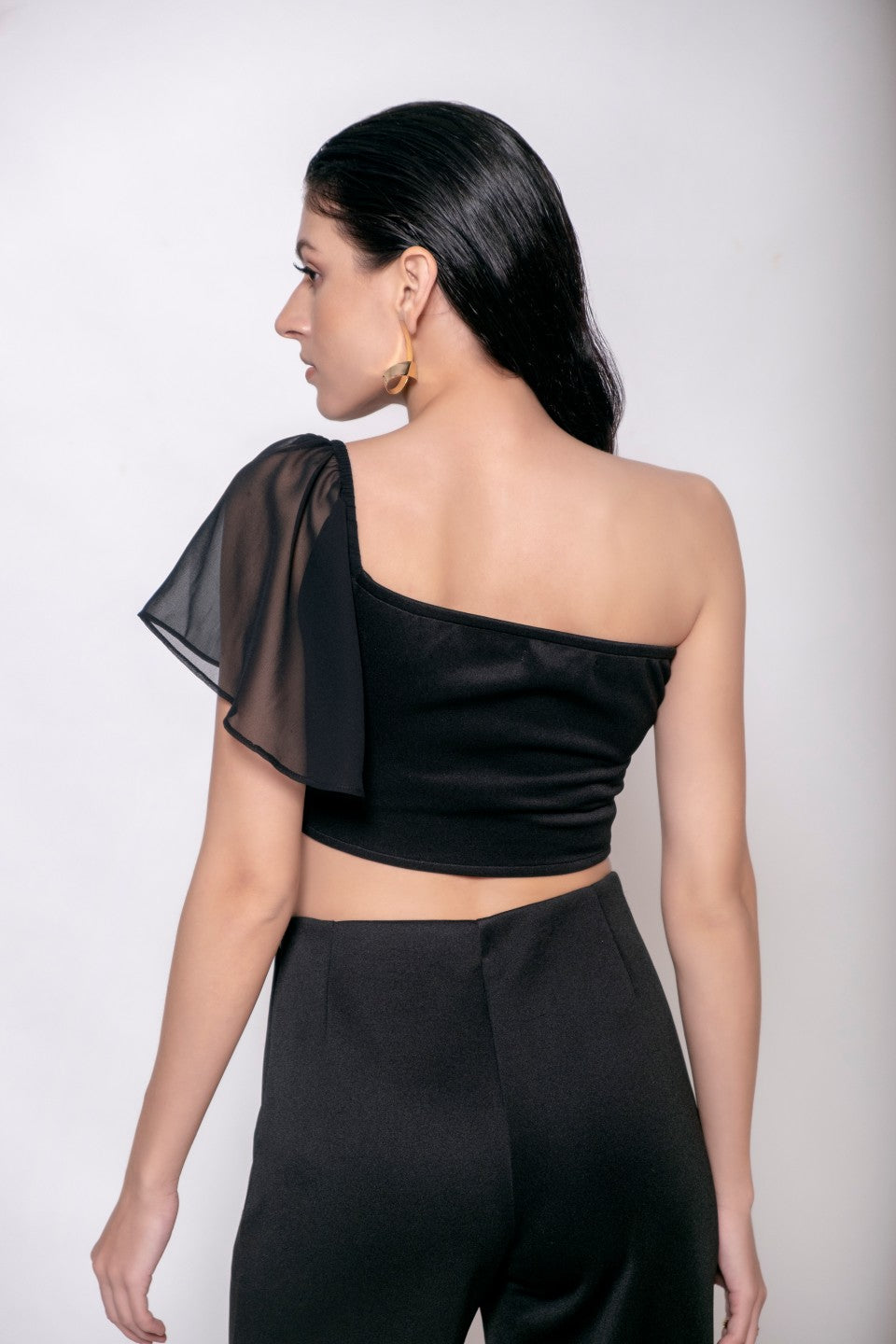 Black Georgette Top + High Slit Pants Set